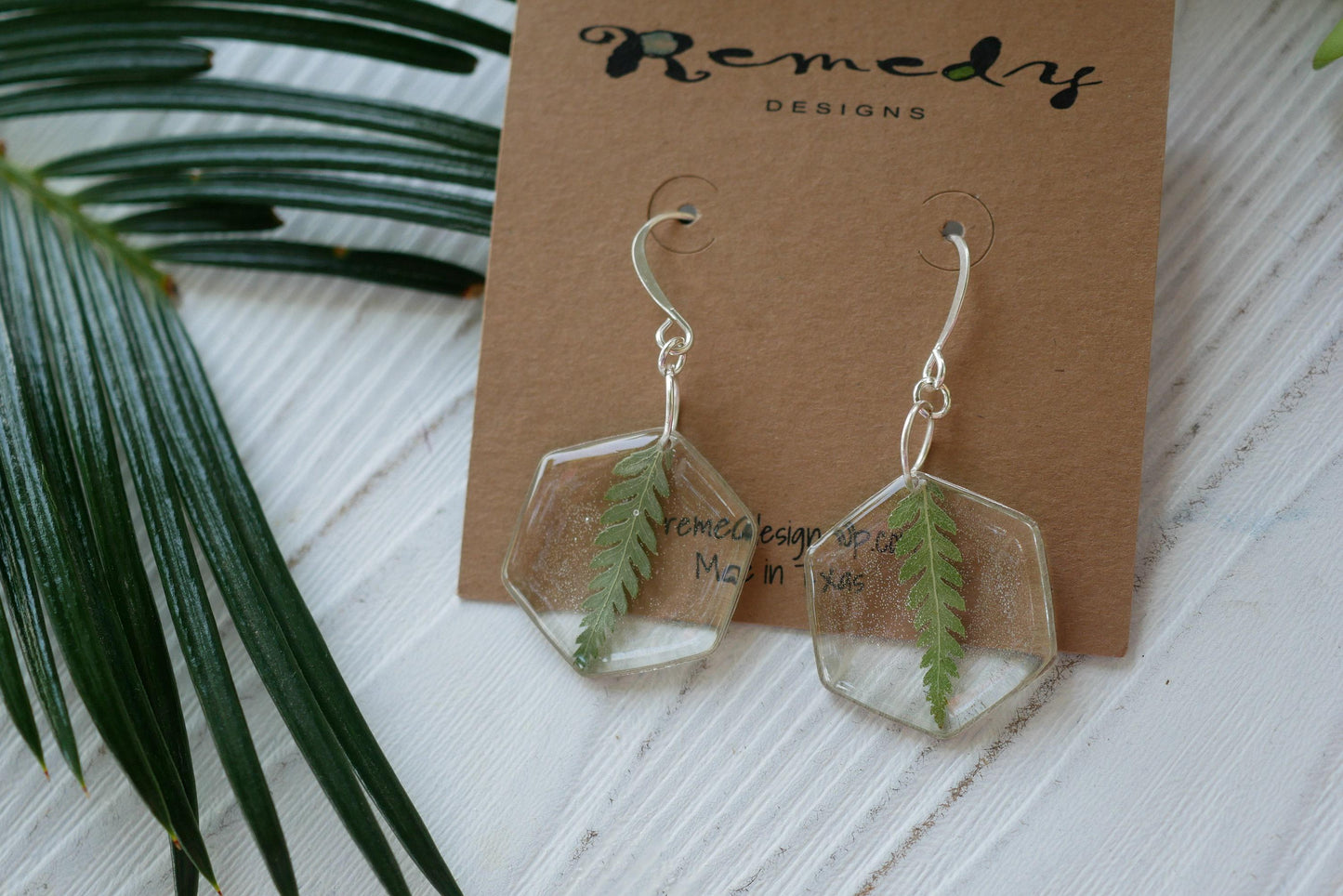 Pressedfern earrings, pressed fern dangle earrings, real leaf earrings, hexagon earrings