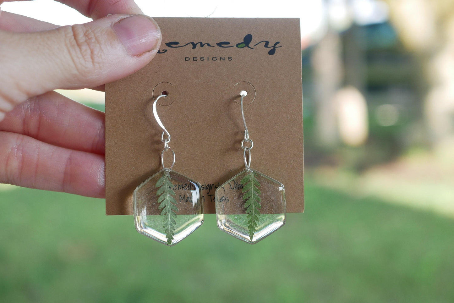 Pressedfern earrings, pressed fern dangle earrings, real leaf earrings, hexagon earrings