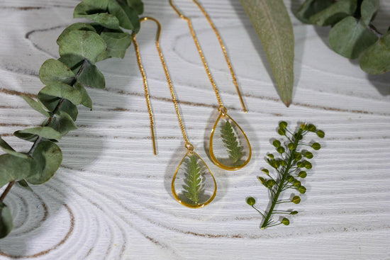 Pressed fern leaf ear threaders, pressed flower earrings, botanical jewelry