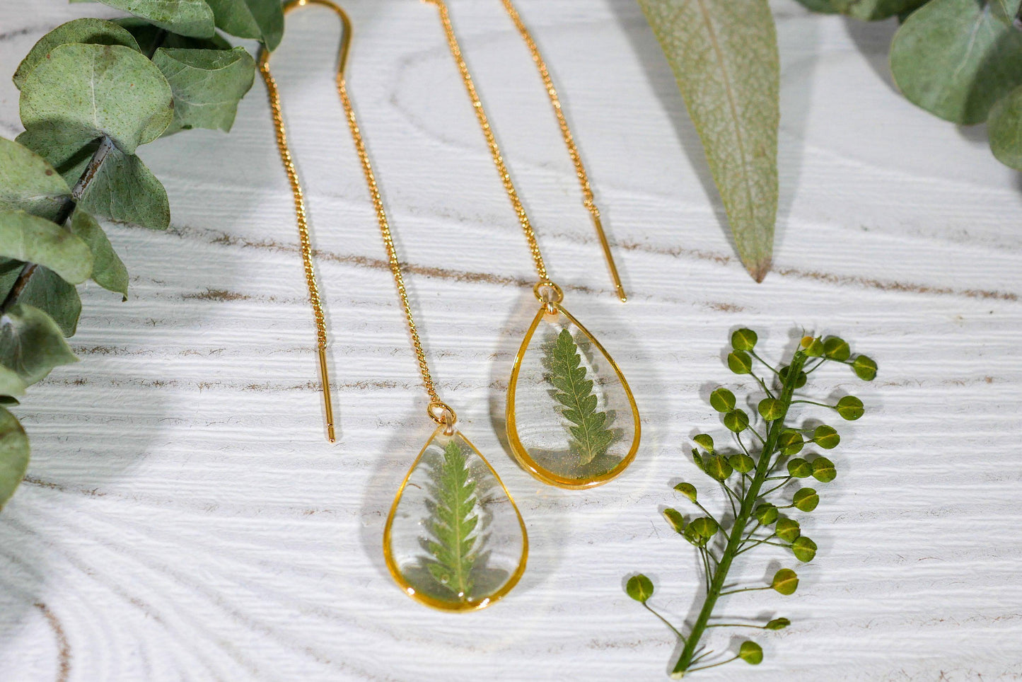 Pressed fern leaf ear threaders, pressed flower earrings, botanical jewelry