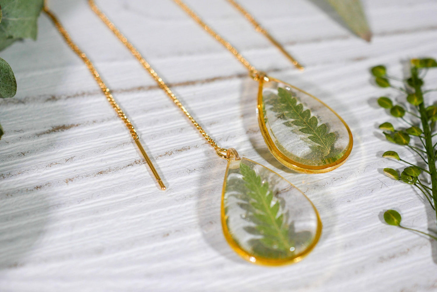 Pressed fern leaf ear threaders, pressed flower earrings, botanical jewelry