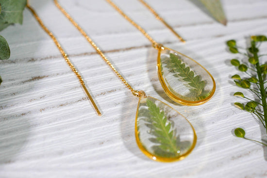 Pressed fern leaf ear threaders, pressed flower earrings, botanical jewelry