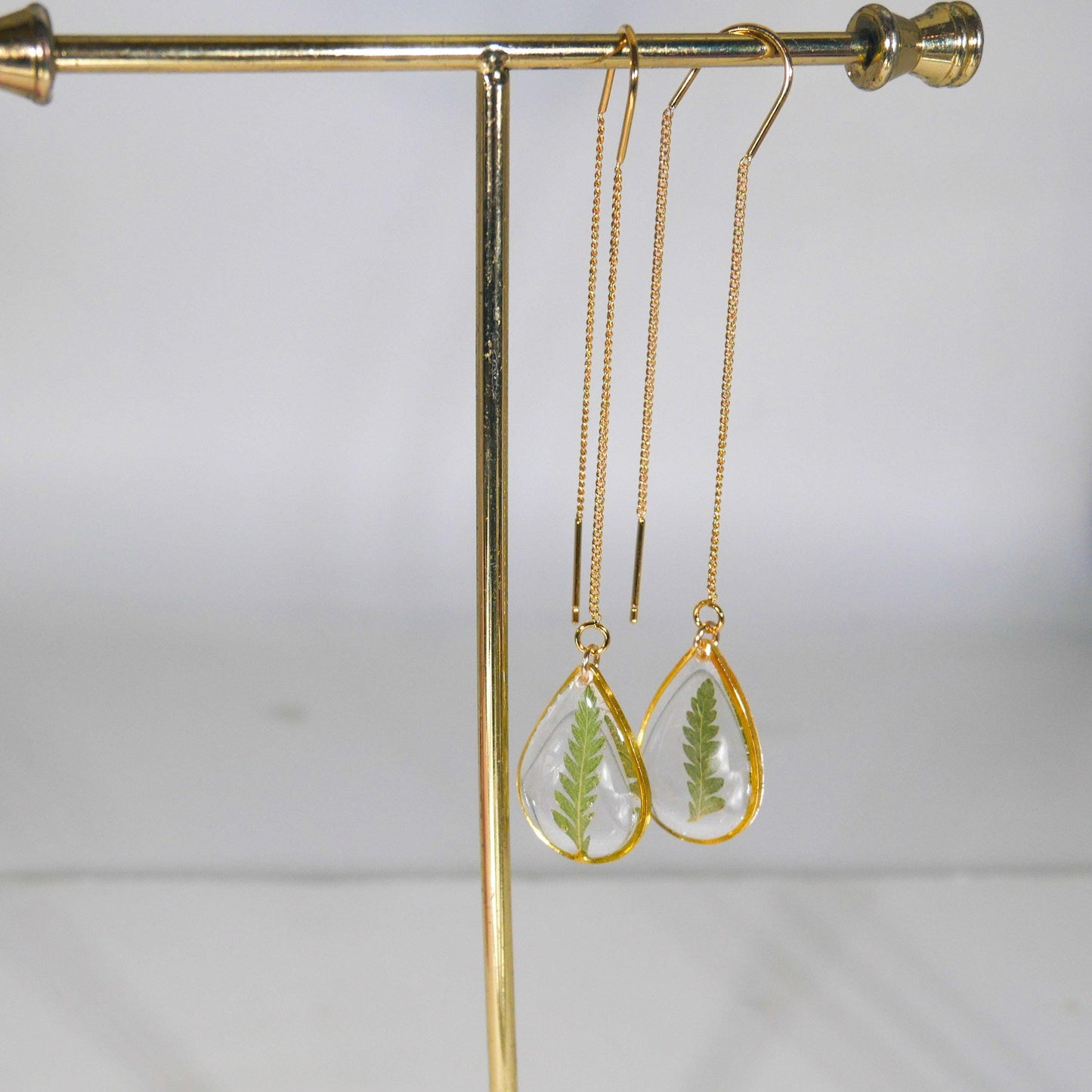 Pressed fern leaf ear threaders, pressed flower earrings, botanical jewelry