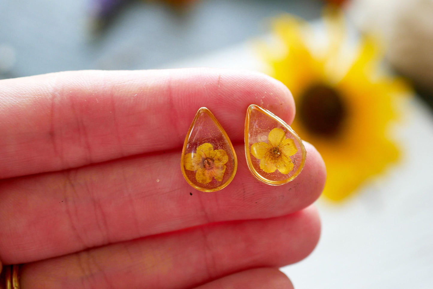 Botanical Resin Stud Earrings, Pressed Yellow Flowers (Hypoallergenic)