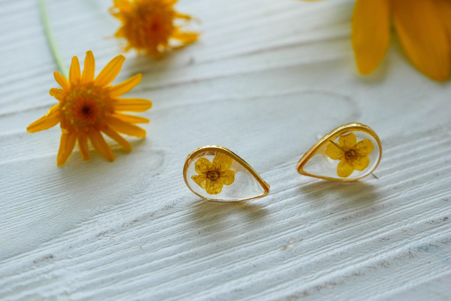 Botanical Resin Stud Earrings, Pressed Yellow Flowers (Hypoallergenic)