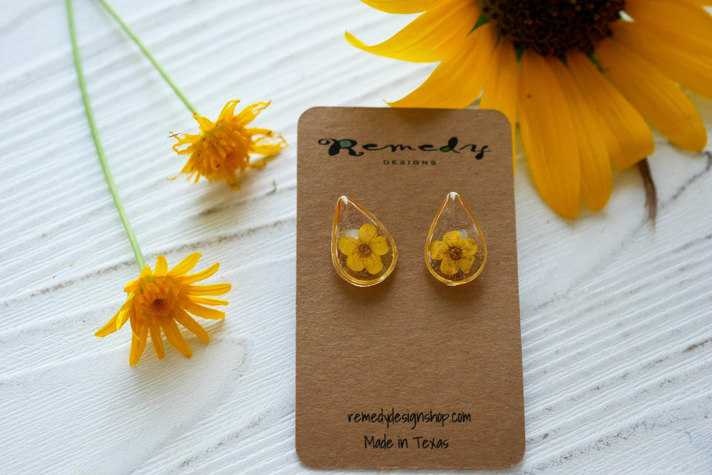 Botanical Resin Stud Earrings, Pressed Yellow Flowers (Hypoallergenic)