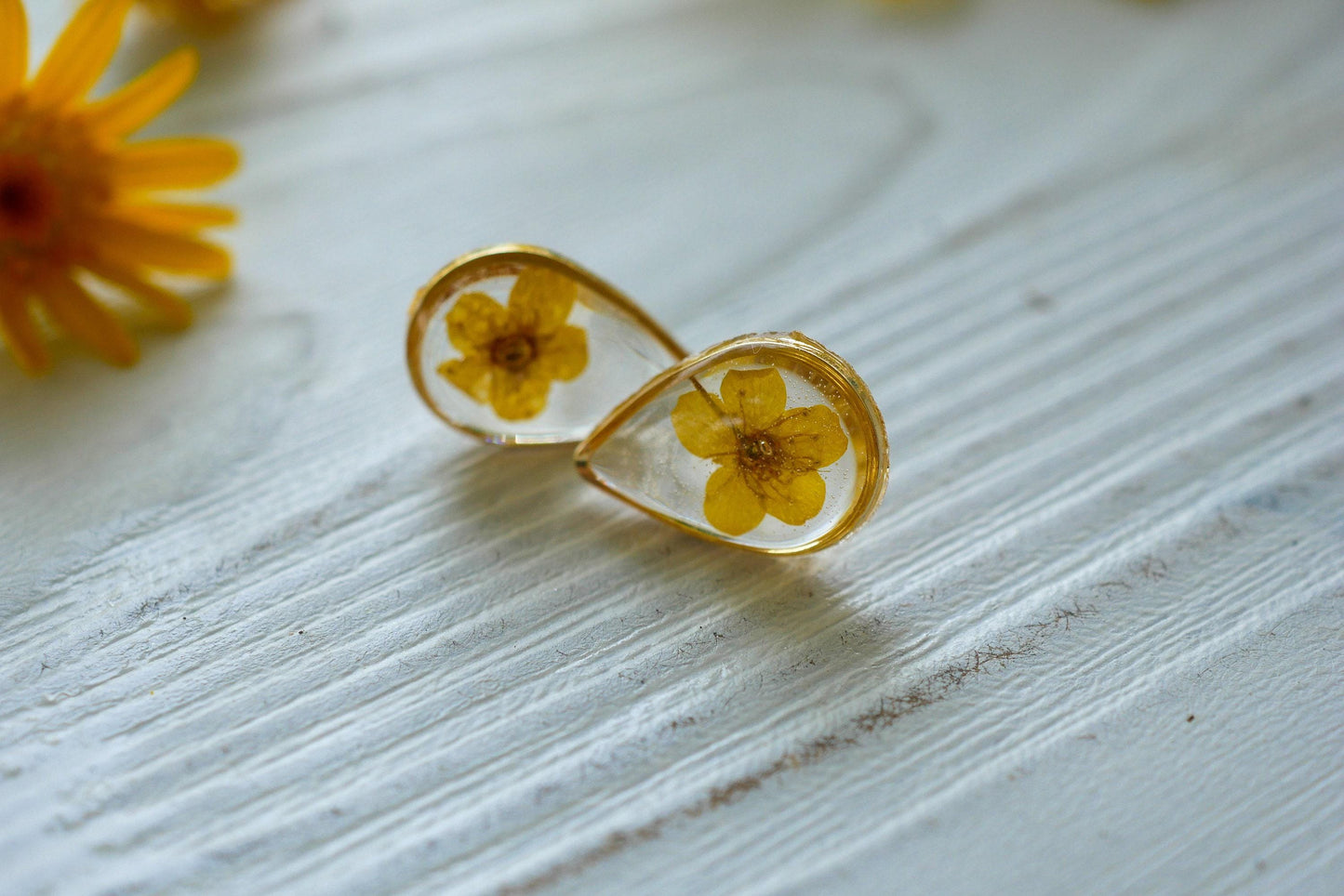 Yellow flower earrings, real flower stud earrings, pressed flower jewelry