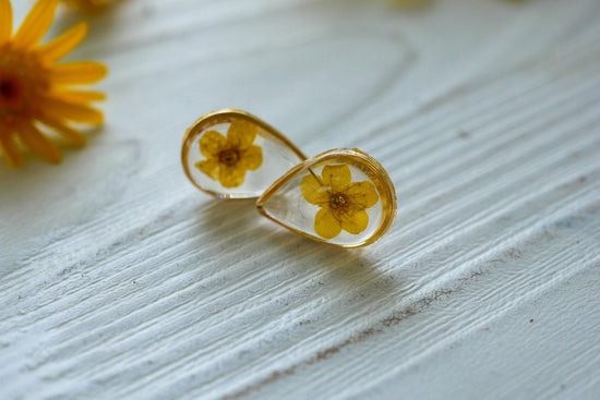 Yellow flower earrings, real flower stud earrings, pressed flower jewelry