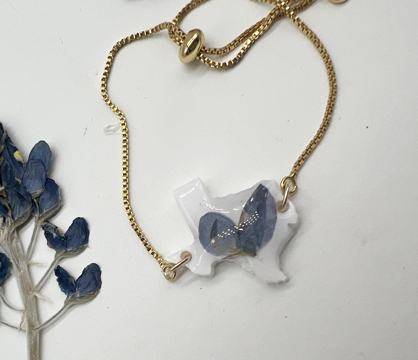 Texas bluebonnet bracelet, real bluebonnet jewelry, pressed bluebonnet texas adjustable bolo bracelet in gold or silver