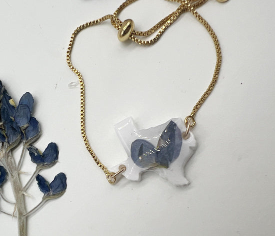 Texas bluebonnet bracelet, real bluebonnet jewelry, pressed bluebonnet texas adjustable bolo bracelet in gold or silver