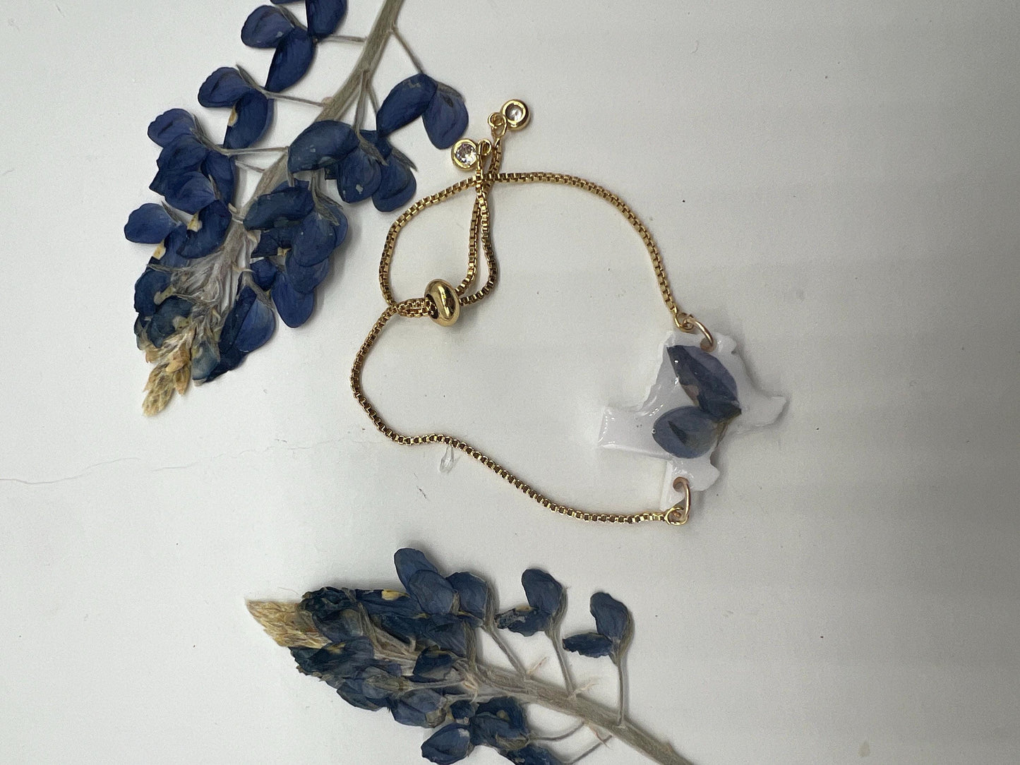 Texas bluebonnet bracelet, real bluebonnet jewelry, pressed bluebonnet texas adjustable bolo bracelet in gold or silver
