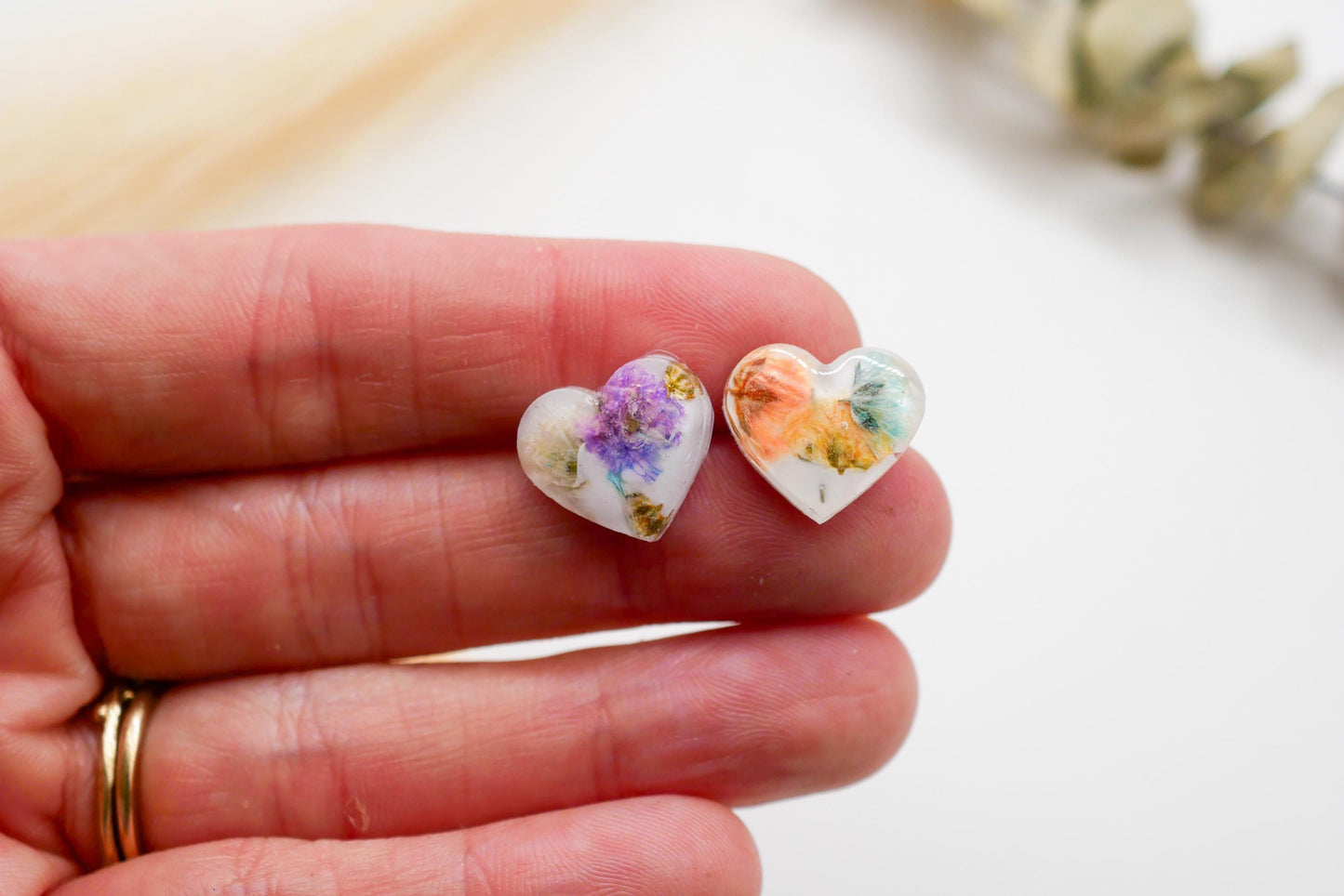 Rainbow Baby’s Breath Heart Stud Earrings – Tiny Floral Statement, valentines gift earrings