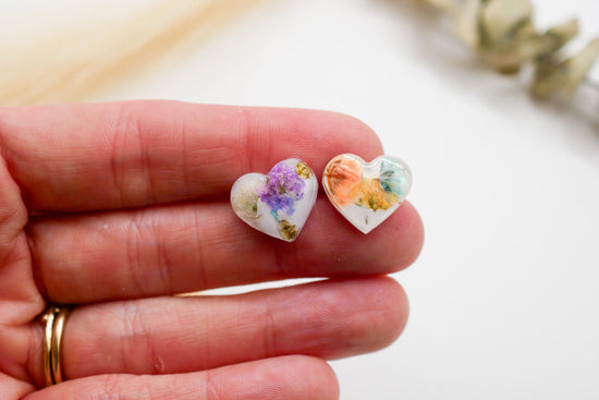 Rainbow Baby’s Breath Heart Stud Earrings – Tiny Floral Statement, valentines gift earrings