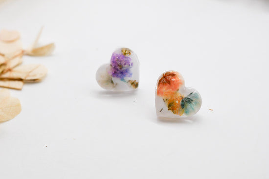 Rainbow Baby’s Breath Heart Stud Earrings – Tiny Floral Statement, valentines gift earrings
