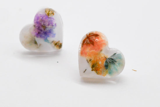 Rainbow Baby’s Breath Heart Stud Earrings – Tiny Floral Statement, valentines gift earrings