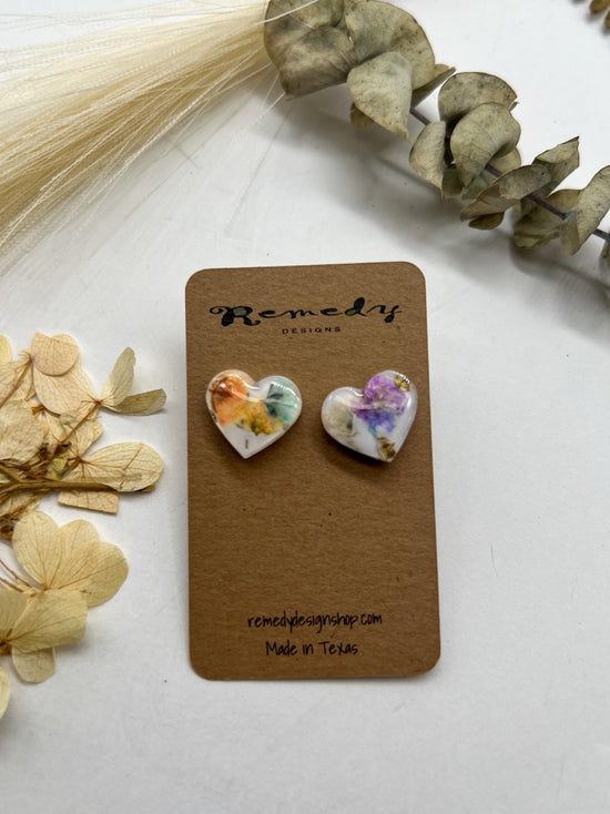 Rainbow Baby’s Breath Heart Stud Earrings – Tiny Floral Statement, valentines gift earrings