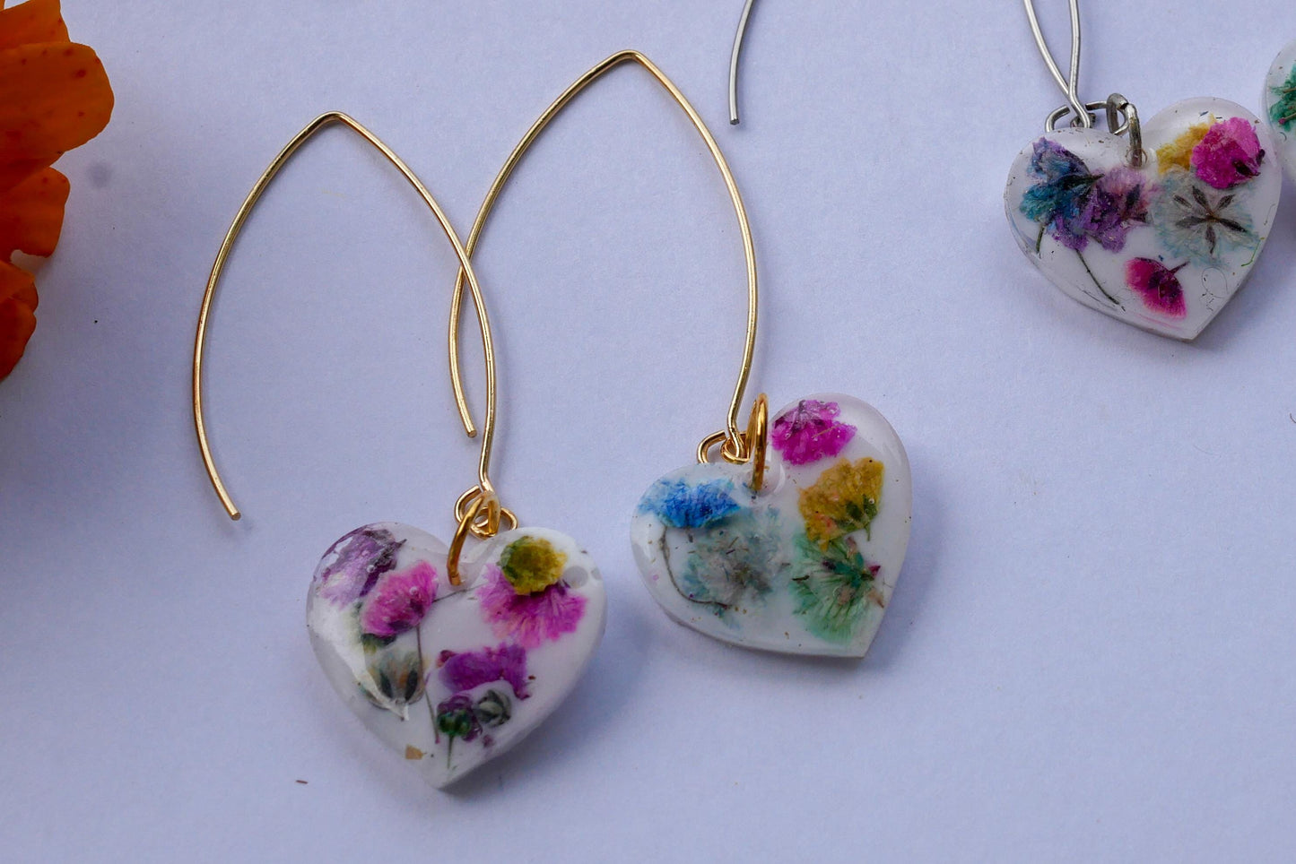 Rainbow Baby’s Breath Heart Dangle Earrings – Long Gold or Silver Wires
