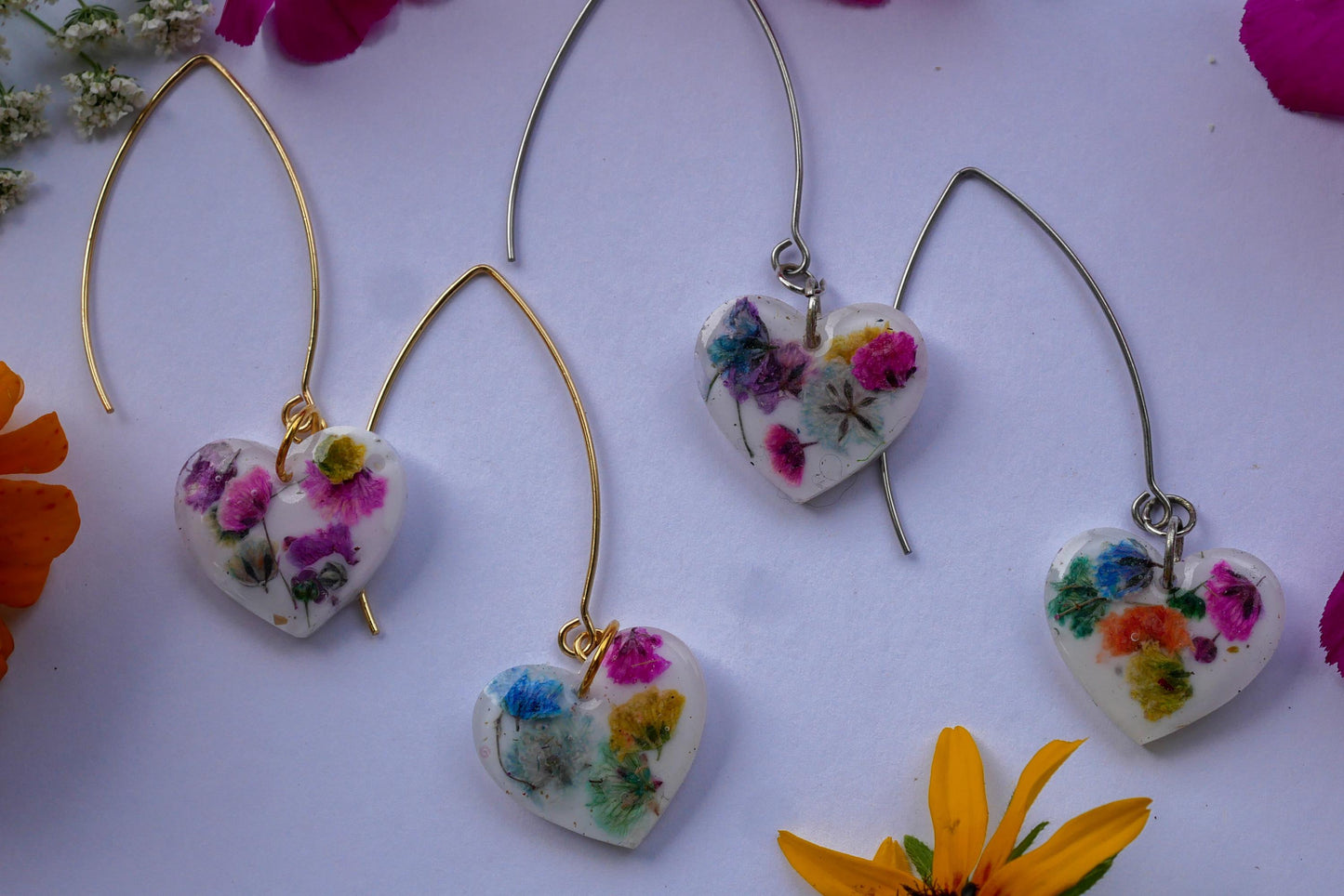 Rainbow Baby’s Breath Heart Dangle Earrings – Long Gold or Silver Wires