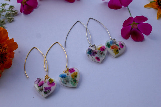 Rainbow Baby’s Breath Heart Dangle Earrings – Long Gold or Silver Wires
