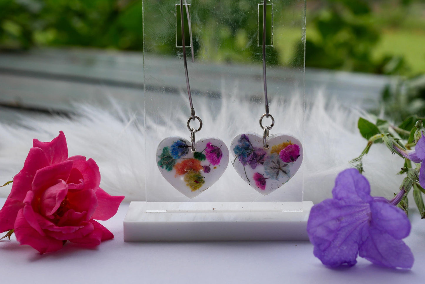 Rainbow Baby’s Breath Heart Dangle Earrings – Long Gold or Silver Wires
