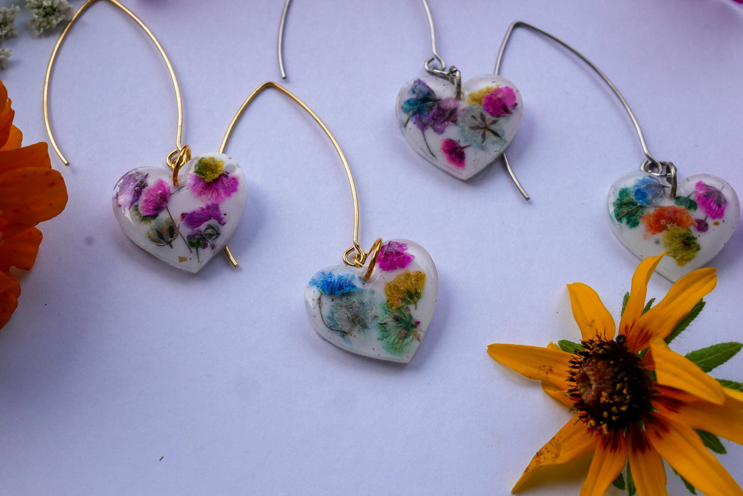 Rainbow Baby’s Breath Heart Dangle Earrings – Long Gold or Silver Wires