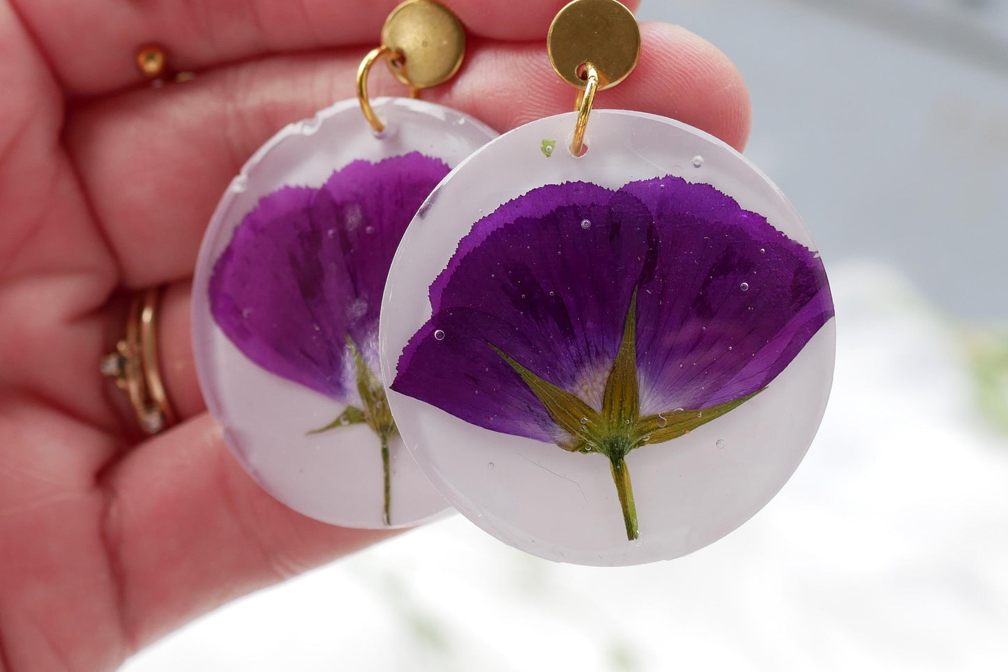 Pressed purple winecup earrings, large statement Texas wildflower earrings