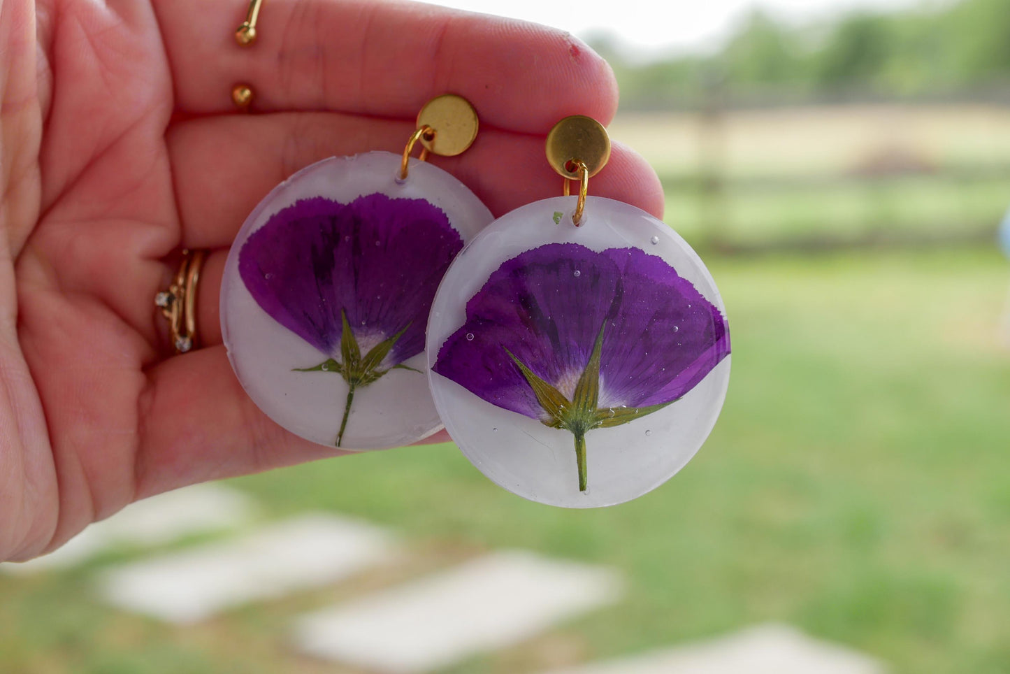 Pressed purple winecup earrings, large statement Texas wildflower earrings