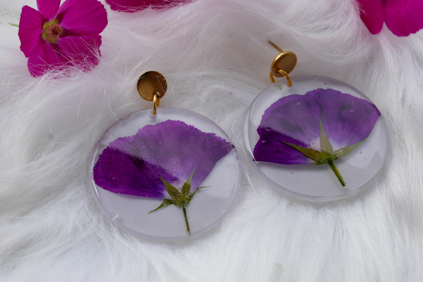 Pressed purple winecup earrings, large statement Texas wildflower earrings