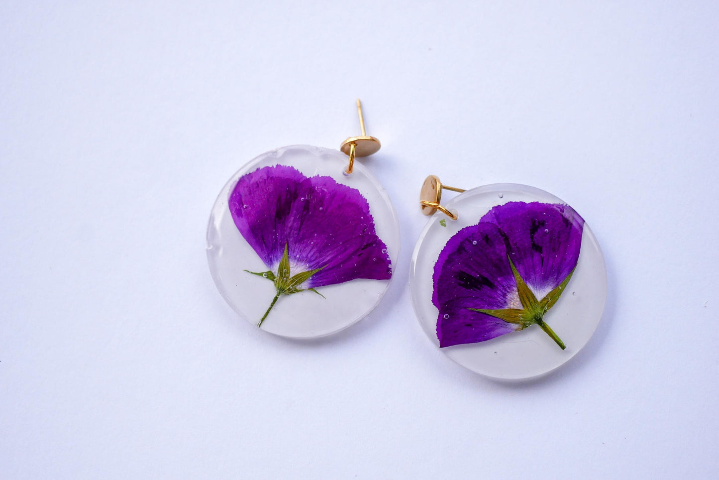Pressed purple winecup earrings, large statement Texas wildflower earrings