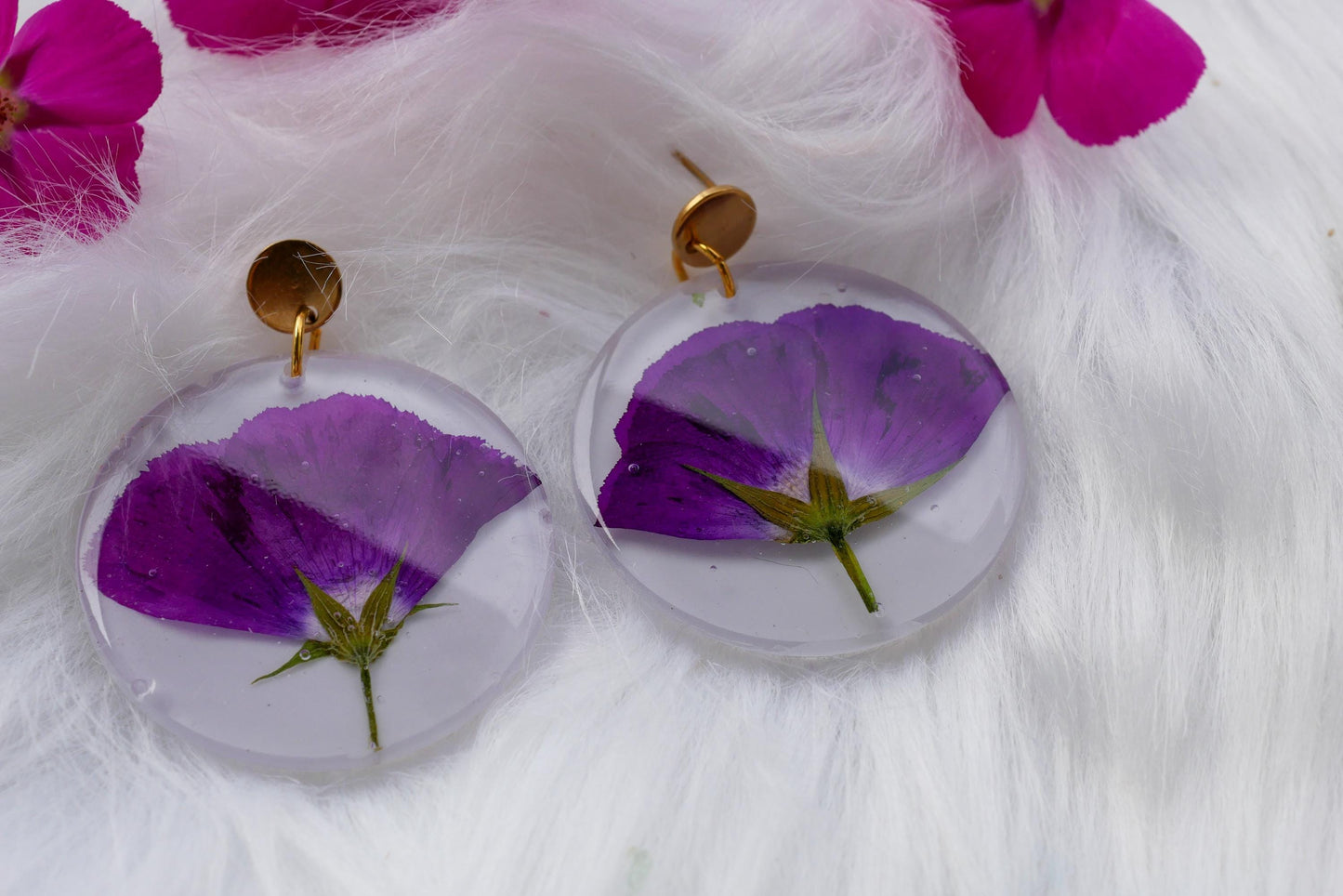Pressed purple winecup earrings, large statement Texas wildflower earrings