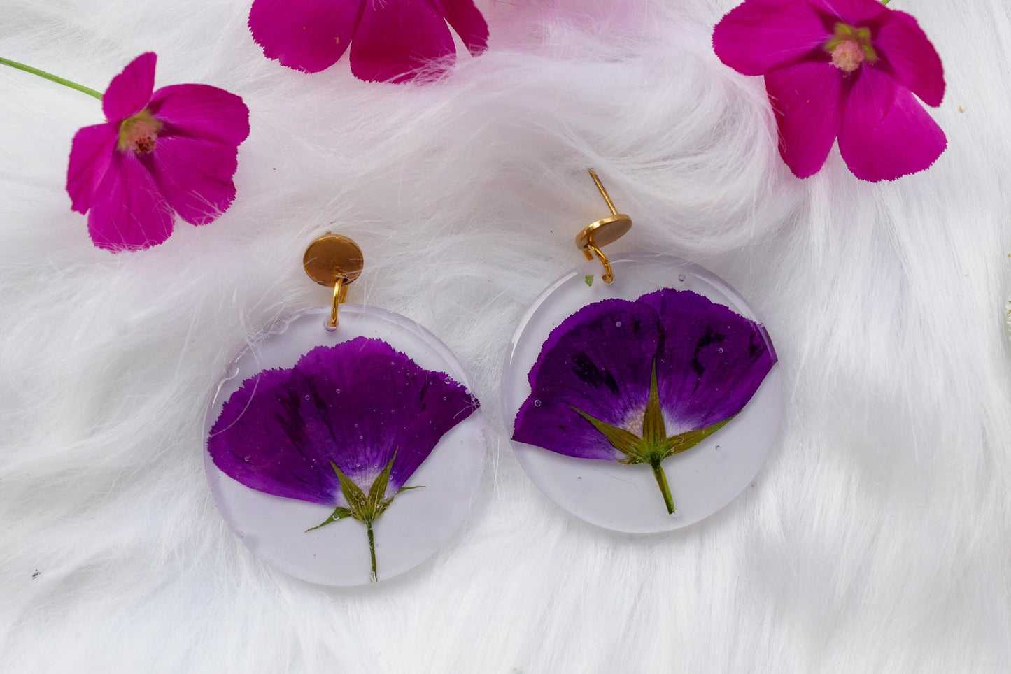 Pressed purple winecup earrings, large statement Texas wildflower earrings