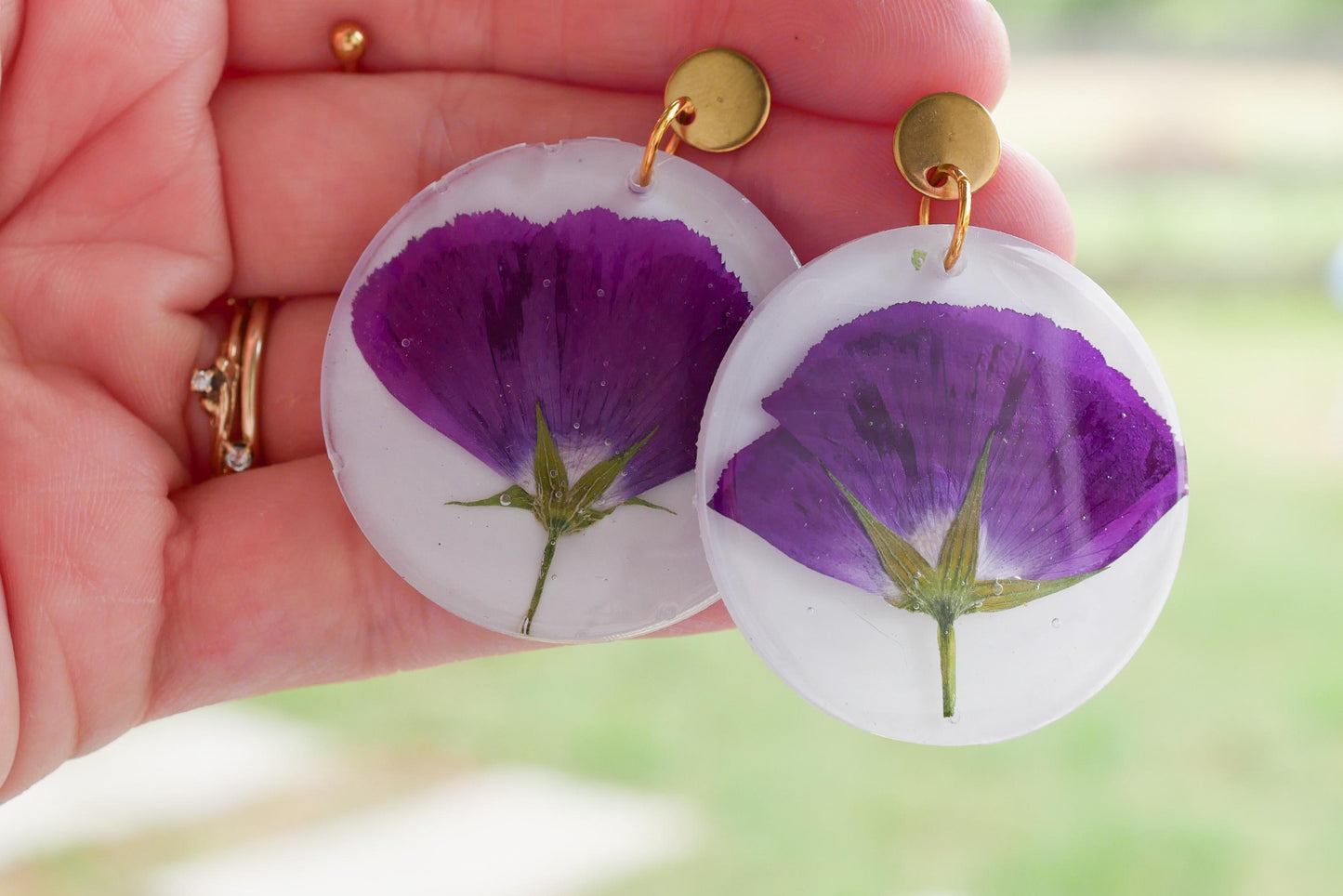 Pressed purple winecup earrings, large statement Texas wildflower earrings