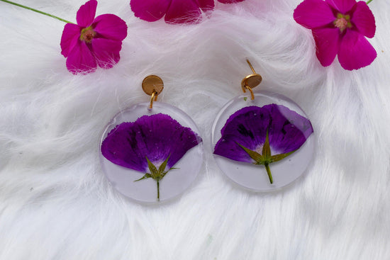 Pressed purple winecup earrings, large statement Texas wildflower earrings