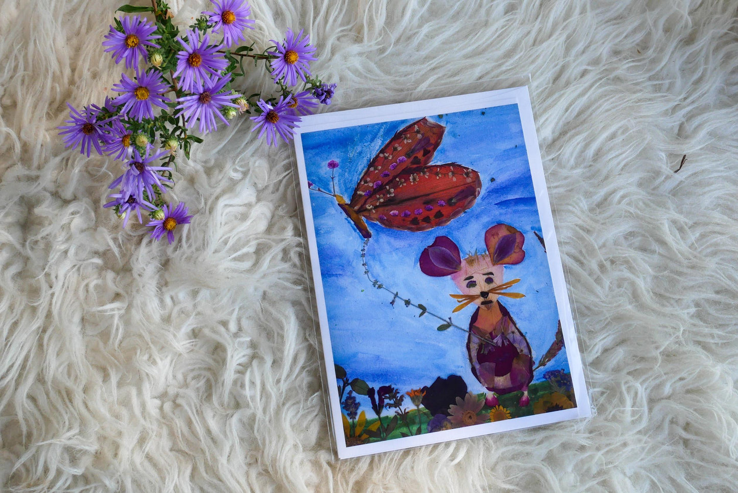 Mouse with Butterfly Kite Print: Pressed Flower Art (Blank Card)