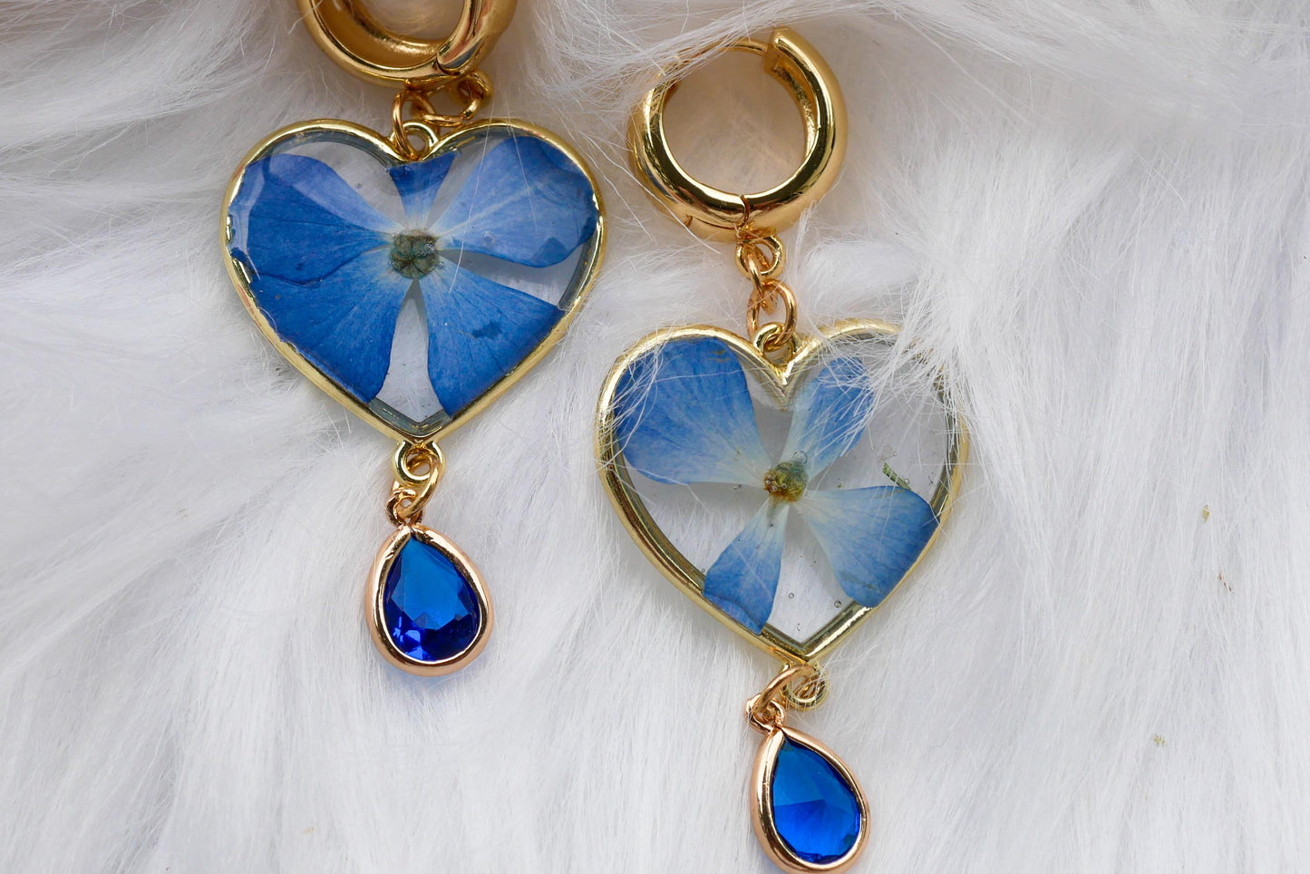 Heart-Shaped Pressed Blue Hydrangea Earrings with Crystal Drop