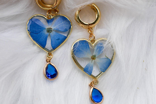 Heart-Shaped Pressed Blue Hydrangea Earrings with Crystal Drop