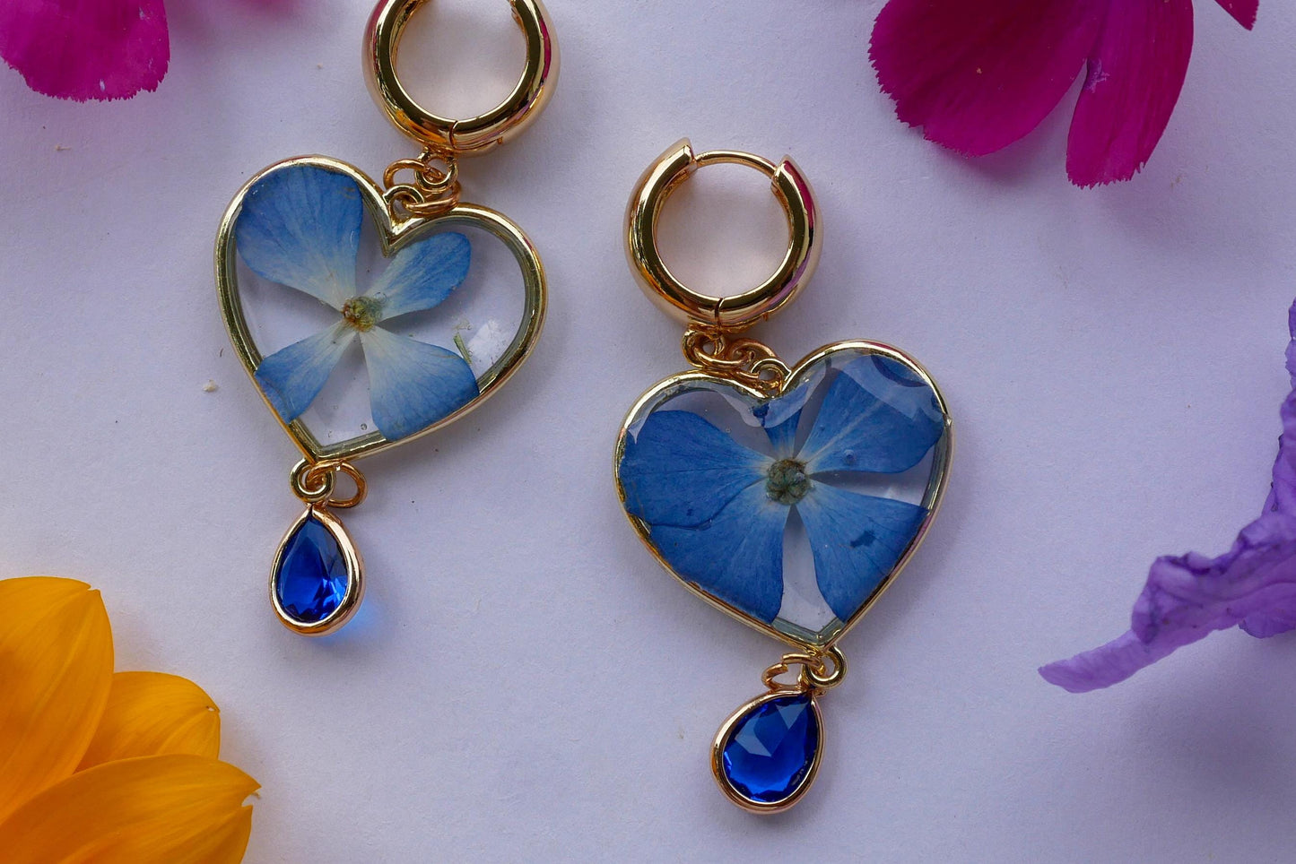 Heart-Shaped Pressed Blue Hydrangea Earrings with Crystal Drop