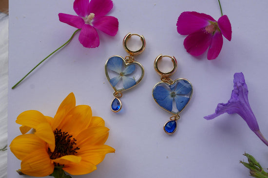 Heart-Shaped Pressed Blue Hydrangea Earrings with Crystal Drop