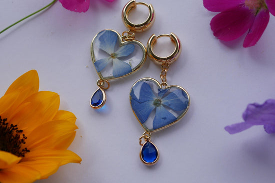 Heart-Shaped Pressed Blue Hydrangea Earrings with Crystal Drop