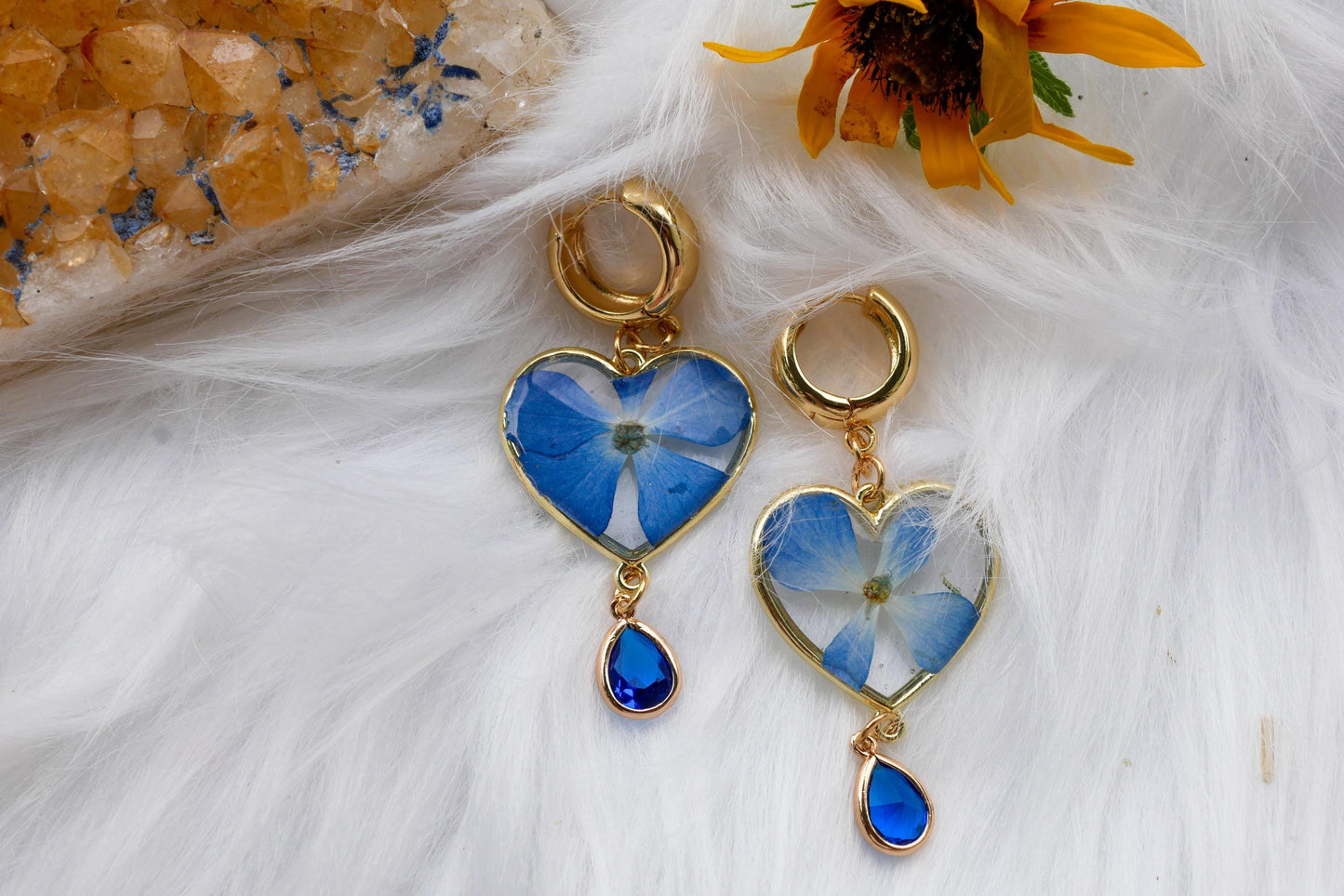 Heart-Shaped Pressed Blue Hydrangea Earrings with Crystal Drop