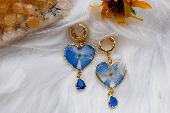 Heart-Shaped Pressed Blue Hydrangea Earrings with Crystal Drop