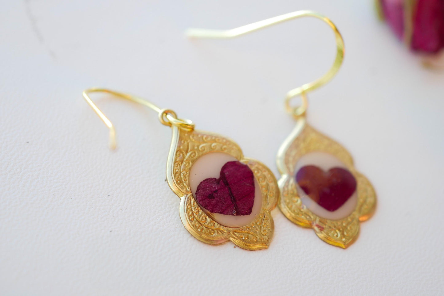 Antique Dainty pressed Rose Petal Heart Earrings- valentines earrings for her