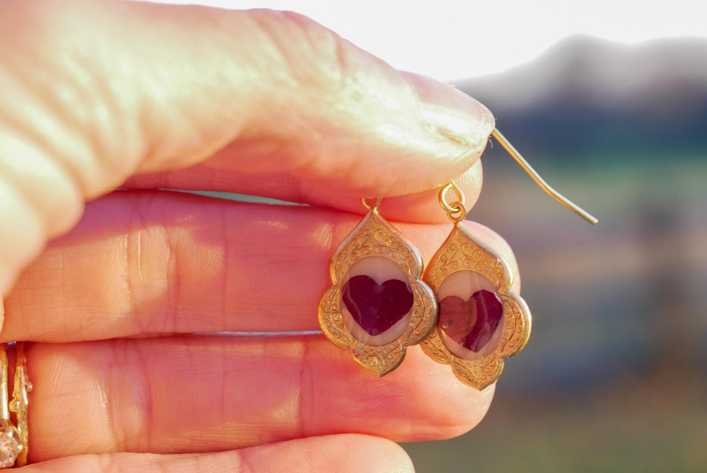 Antique Dainty pressed Rose Petal Heart Earrings- valentines earrings for her