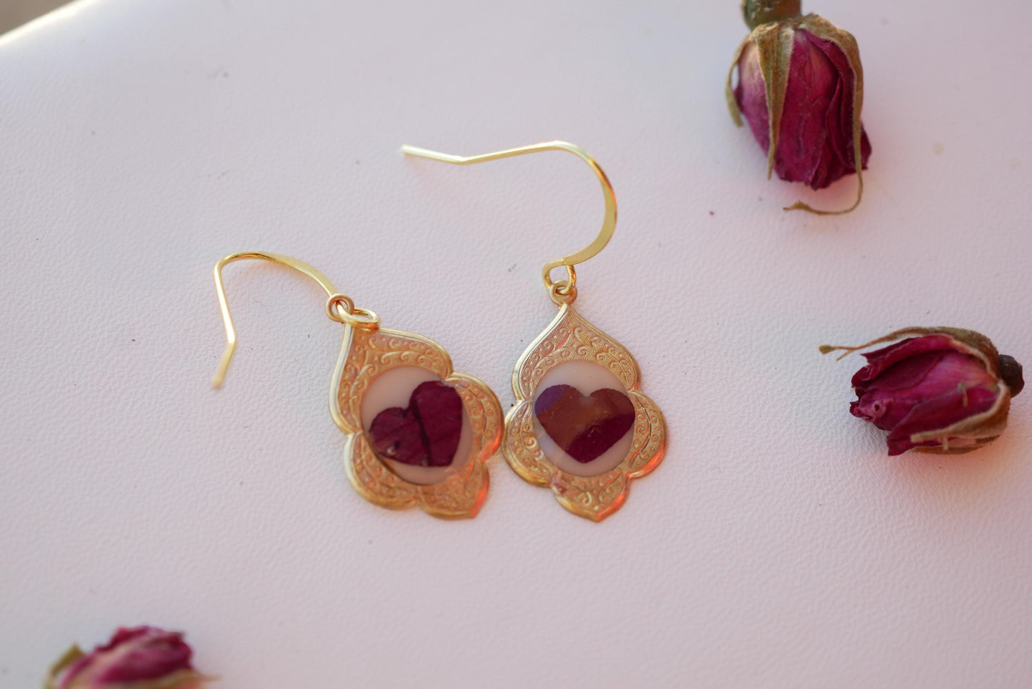 Antique Dainty pressed Rose Petal Heart Earrings- valentines earrings for her