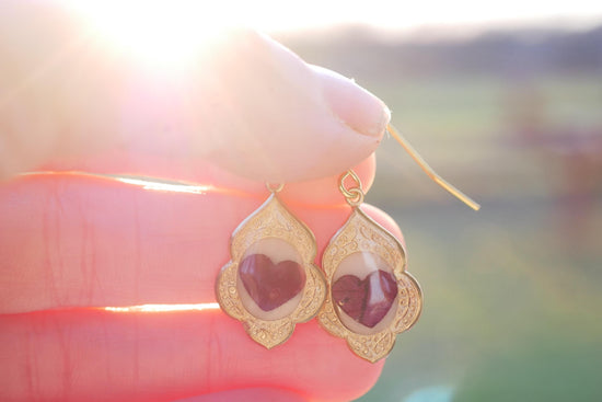 Antique Dainty pressed Rose Petal Heart Earrings- valentines earrings for her