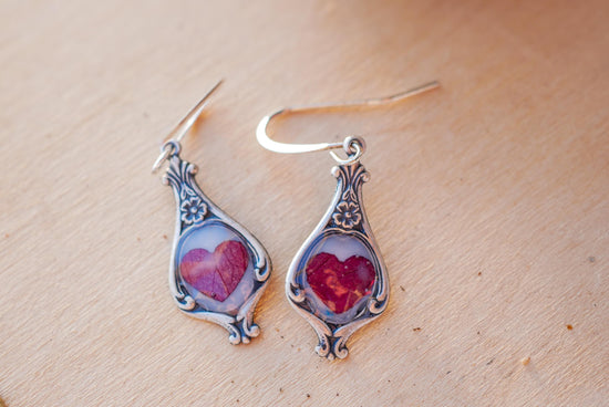 Antique Dainty pressed Rose Petal Heart Earrings- valentines earrings for her