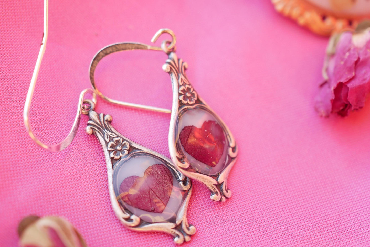 Antique Dainty pressed Rose Petal Heart Earrings- valentines earrings for her