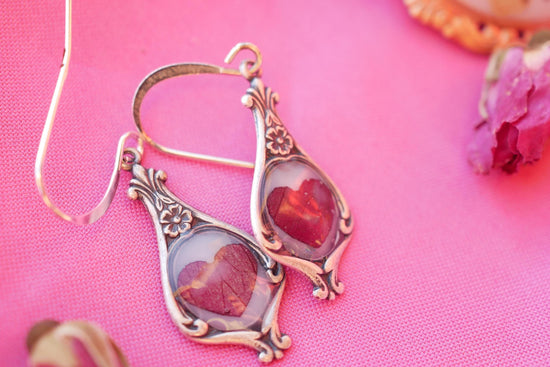 Antique Dainty pressed Rose Petal Heart Earrings- valentines earrings for her