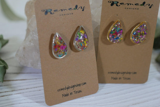 Real flower confetti stud earrings, teardrop botanical earrings, pressed flower jewelry