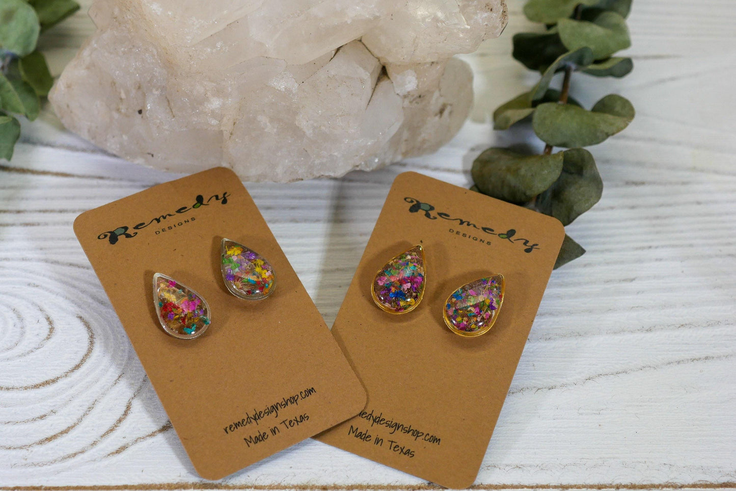 Real flower confetti stud earrings, teardrop botanical earrings, pressed flower jewelry